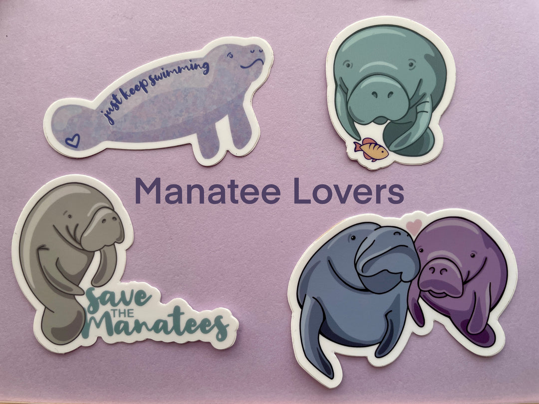 Four cartoon manatee stickers on a purple background surrounded by small objects.