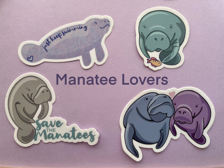 Four cartoon manatee stickers on a purple background surrounded by small objects.