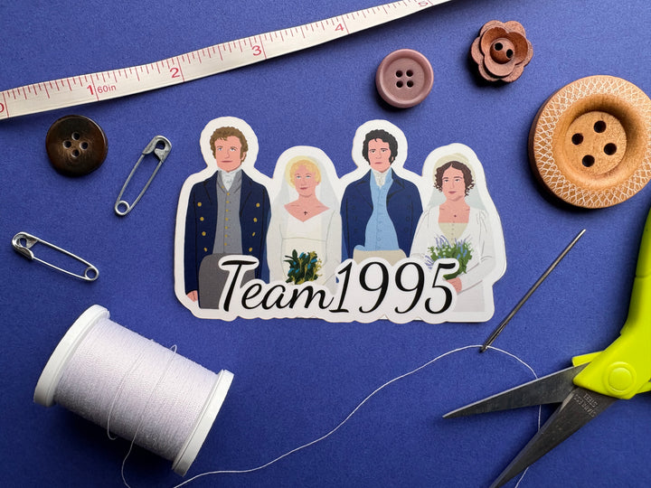 A cartoon of the final wedding scene from Pride and Prejudice 1995 with the text 'Team 1995'. Shown on a blue background surrounded by small sewing notions.