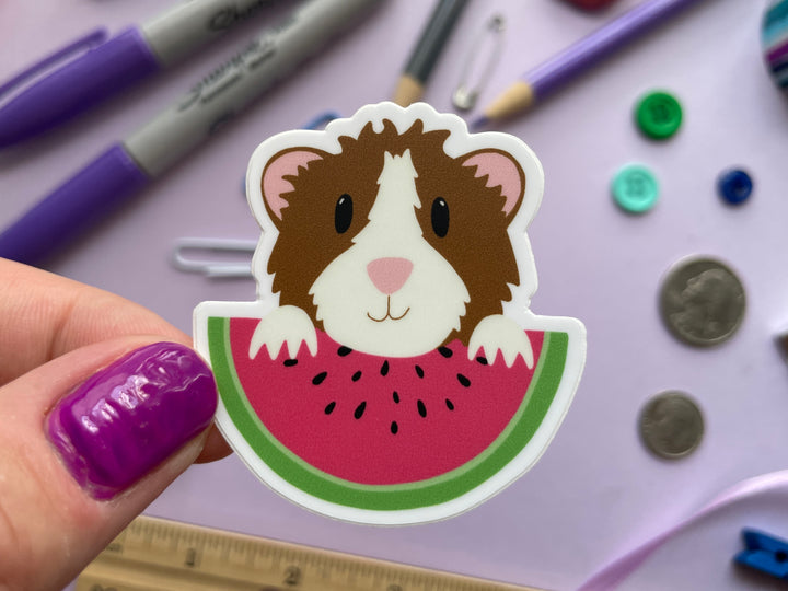 A sticker of a brown and white guinea pig holding a large slice of watermelon with black seeds is held over a purple background covered in objects.