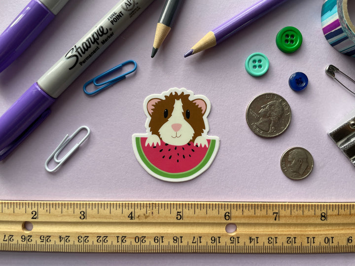 A sticker of a brown and white guinea pig holding a large slice of watermelon with black seeds is shown on a purple background surrounded by small objects.