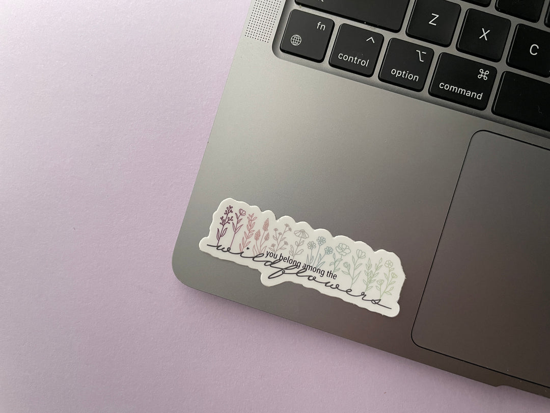 A sticker of pastel line drawings of wildflowers above the scripted text "you belong among the wildflowers" is shown on a silver laptop.