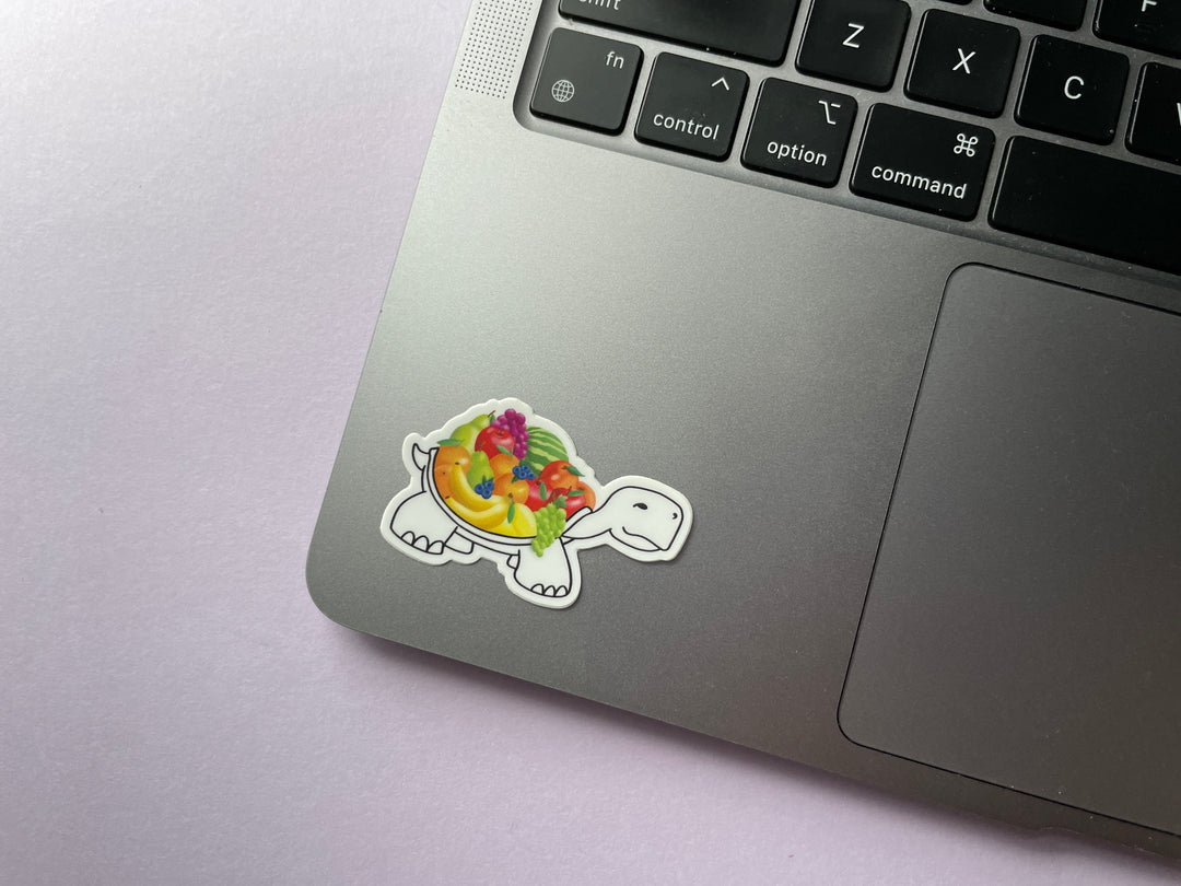 A sticker of a cartoon turtle drawn in black and white with a colorful shell of various fruits is shown on a silver laptop.