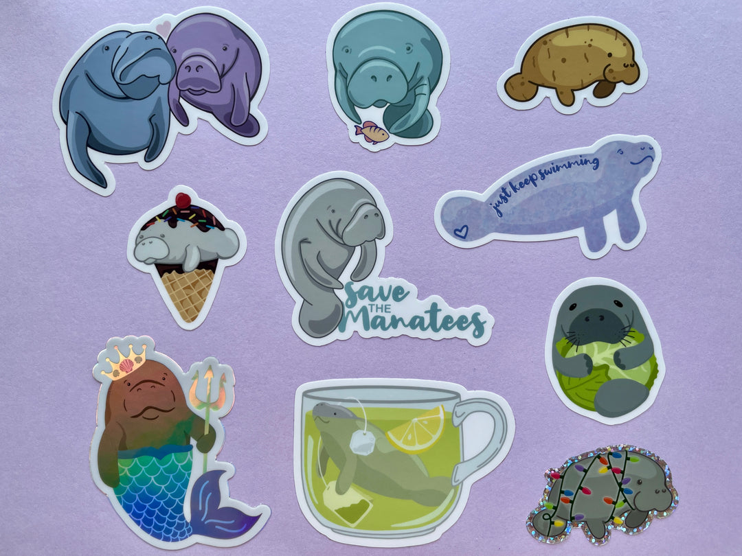 Ten stickers of cartoon manatees on a purple background.