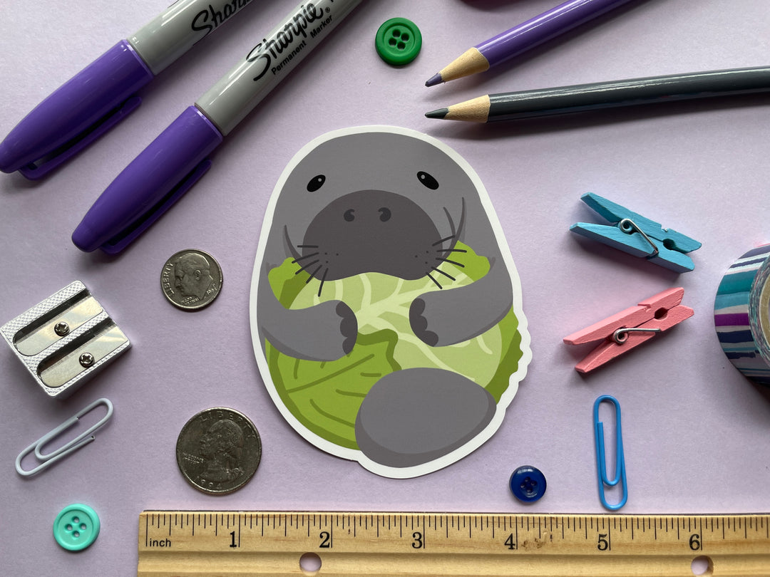 A static cling of a cartoon grey manatee with flippers wrapped around a head of green lettuce is shown on a purple background surrounded by small objects.