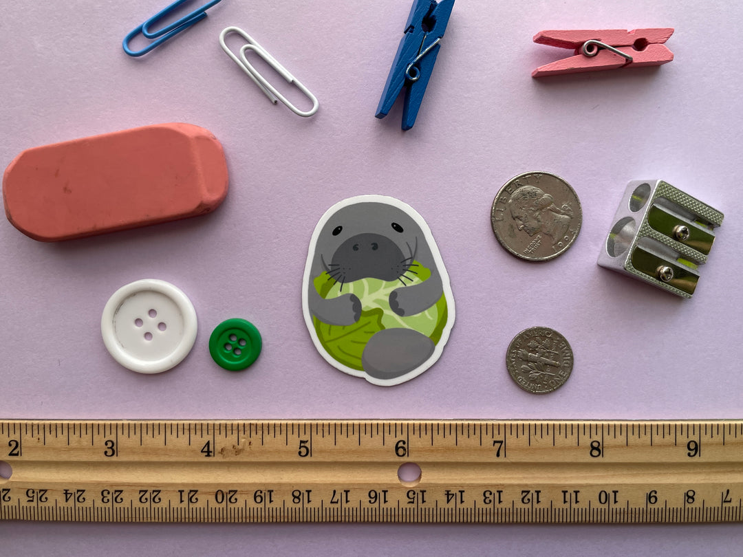 A magnet of a cartoon grey manatee with flippers wrapped around a head of green lettuce is shown on a purple background covered in objects.